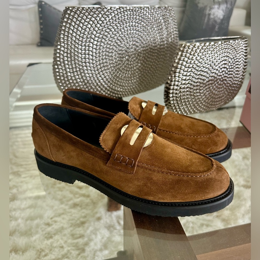 Pascucci Womens Brown Tabacco Gold Embellished Diane Flat Loafers Shoes 11 Italy - Picture 2 of 4